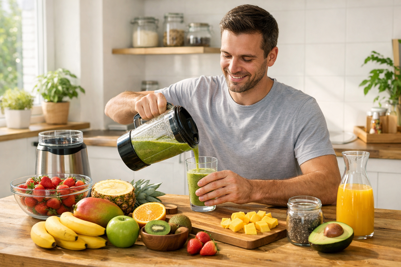 Zdravé raňajky a príprava smoothie — ráno plné vitality